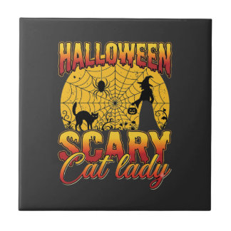 Halloween Scary Cat Lady Witch Spider Web Tile