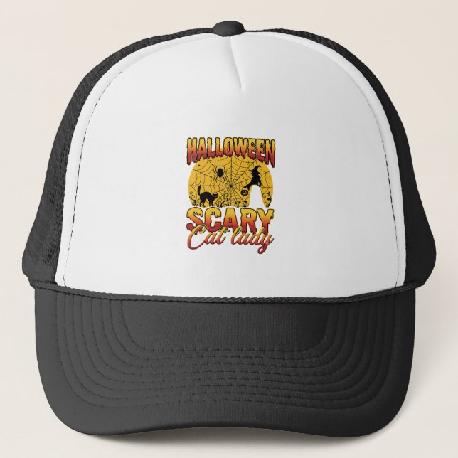 Halloween Scary Cat Lady Witch Spider Web Trucker Hat (Front)