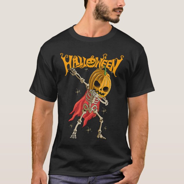 Halloween Scary Dancing Skeleton Pumpkin Happy Hal T-Shirt (Front)
