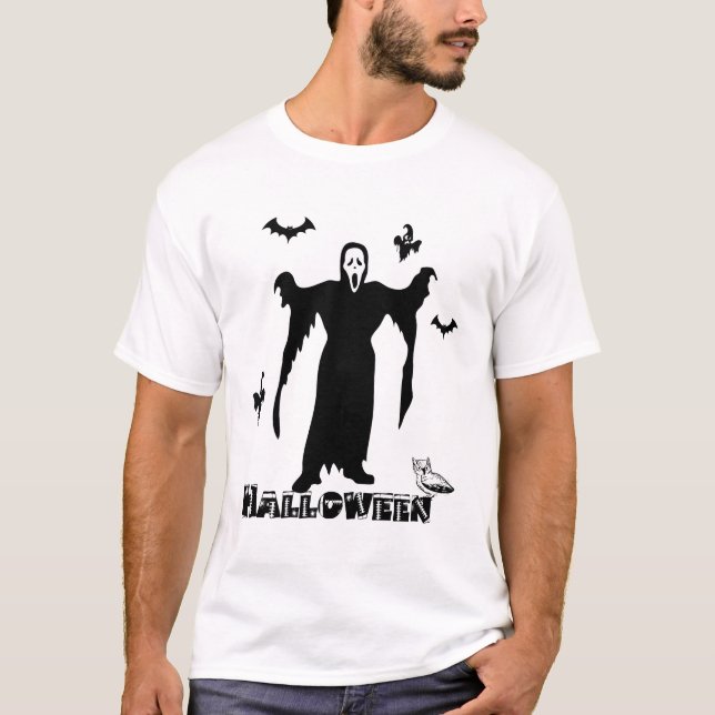 Halloween Scary Death Face, Scary Ghosts And Bats  T-Shirt (Front)