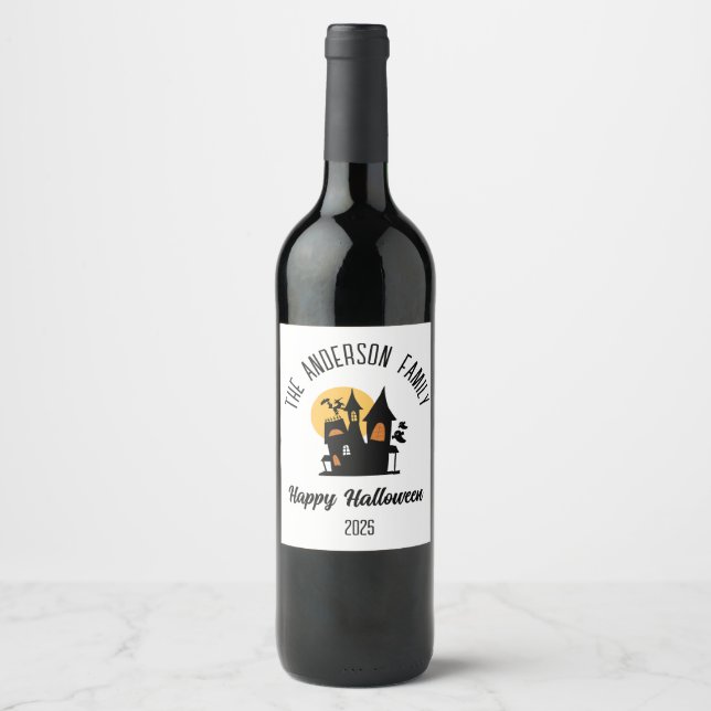 Halloween Scary Haunted  House Personalized Name Wine Label (Front)