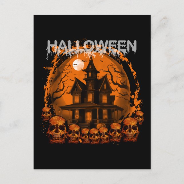HALLOWEEN SCARY HAUNTED HOUSE SKULLS POSTCARD (Front)