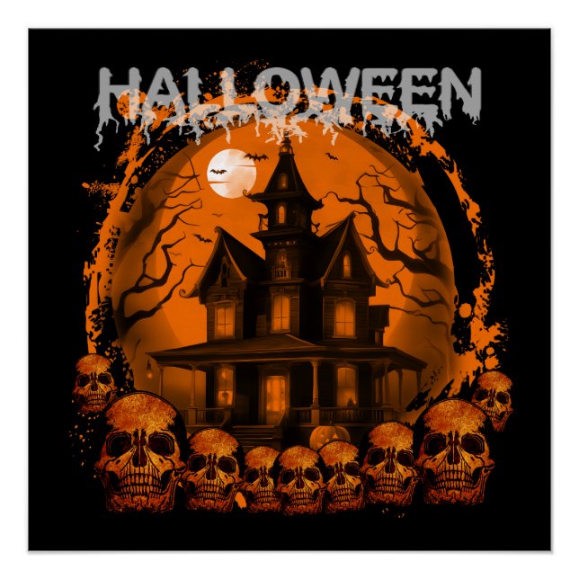 HALLOWEEN SCARY HAUNTED HOUSE SKULLS POSTER (Front)