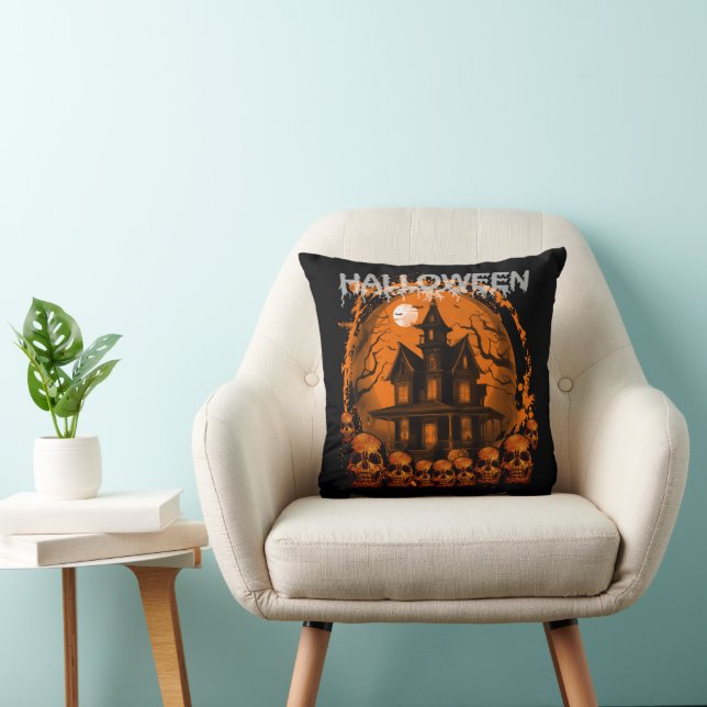 HALLOWEEN SCARY HAUNTED HOUSE SKULLS THROW PILLOW (Chair)
