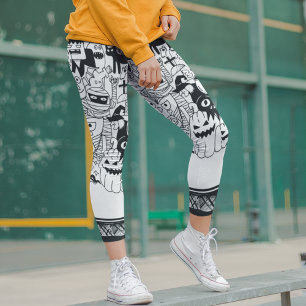 Halloween Scary Monster Doodle Black White Modern Leggings