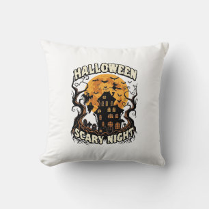 Halloween Scary Night Haunted House Full Moon Witc Throw Pillow