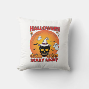 Halloween Scary Night Skull Witch Hat Pumpkins Gho Throw Pillow