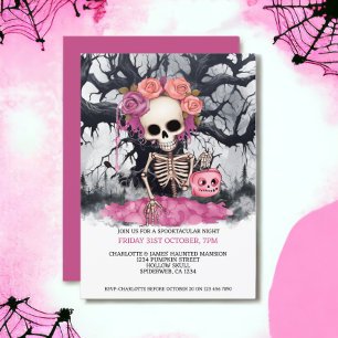 Halloween Scary Pink Skeleton And Haunted Tree Invitation