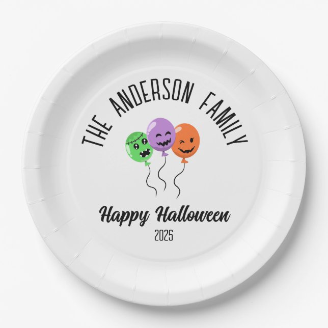 Halloween Scary Pumpkin Balloons Personalized Name Paper Plate (Front)