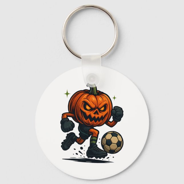 Halloween Scary Pumpkin Showing Soccer Skills Spoo Keychain (Front)