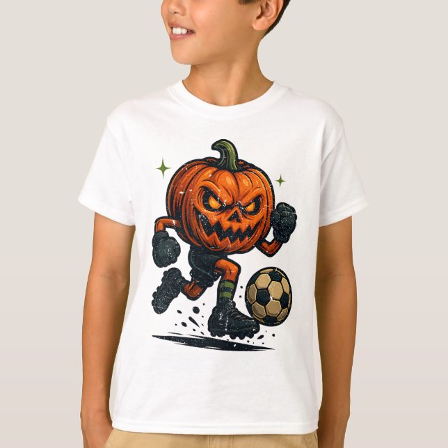 Halloween Scary Pumpkin Showing Soccer Skills Spoo T-Shirt (Front)