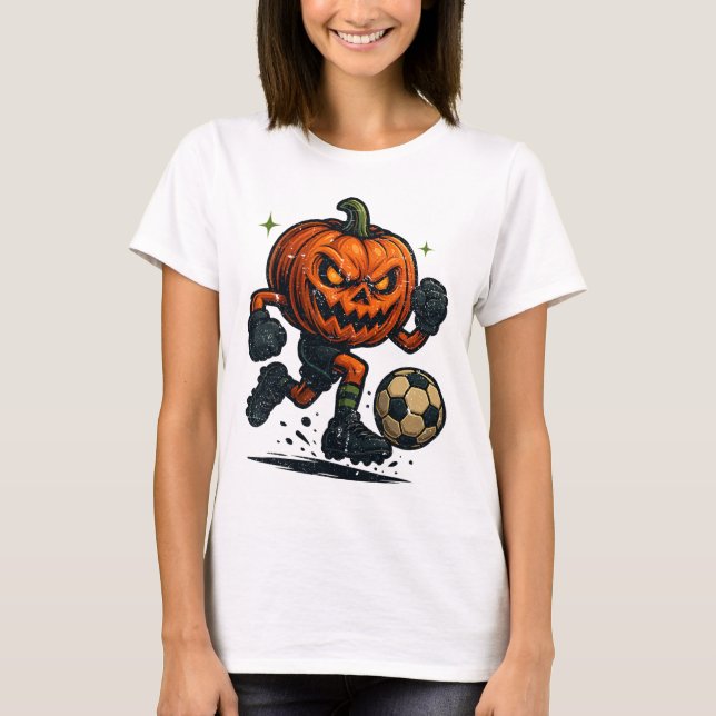 Halloween Scary Pumpkin Showing Soccer Skills Spoo T-Shirt (Front)