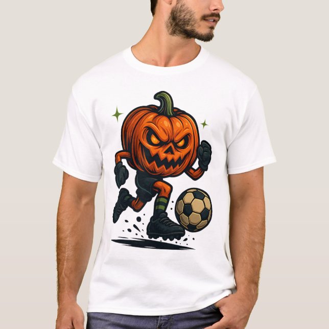 Halloween Scary Pumpkin Showing Soccer Skills Spoo T-Shirt (Front)