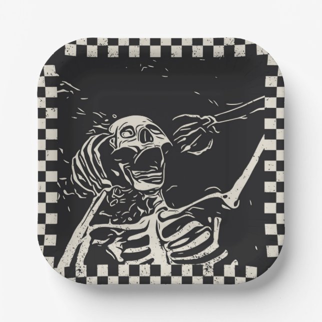 Halloween Scary Skeleton Black White Chequered Paper Plate (Front)