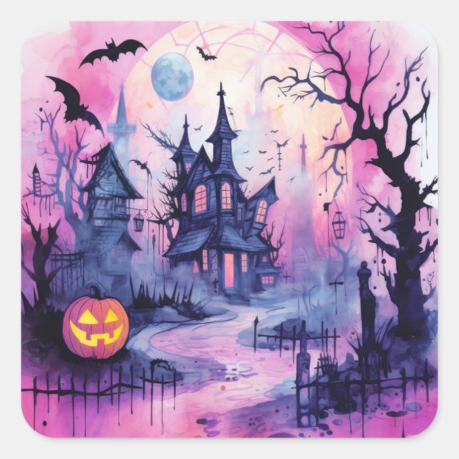 Halloween Scene Haunted House (1) Square Sticker (Front)
