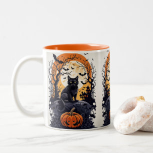 halloween scene with black cat with nocturnal moon Two-Tone coffee mug