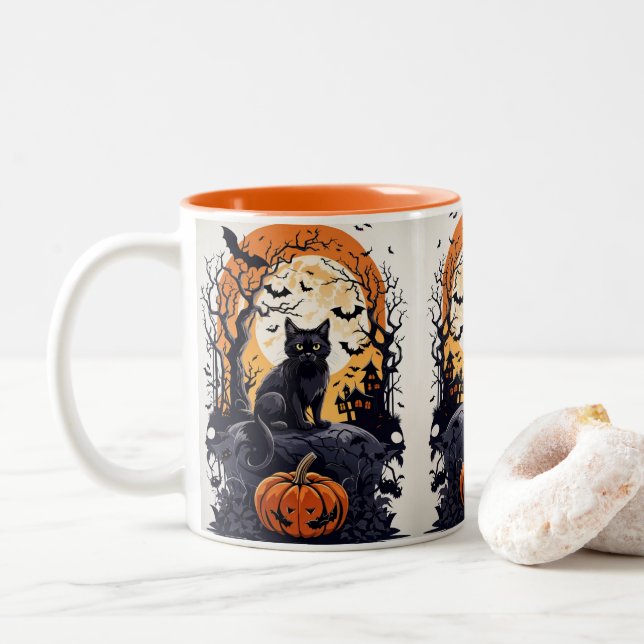 halloween scene with black cat with nocturnal moon Two-Tone coffee mug (With Donut)