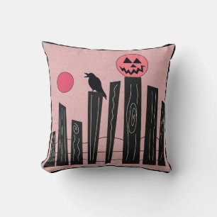 Halloween scene with fence, crow, full moon, & pum throw pillow