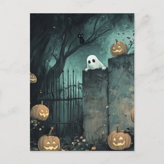 Halloween Scene with Ghost and Cat Postcard (Front)