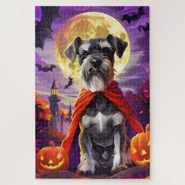 Halloween Schnauzer Vampire Pumpkins Scary Jigsaw Puzzle (Vertical)