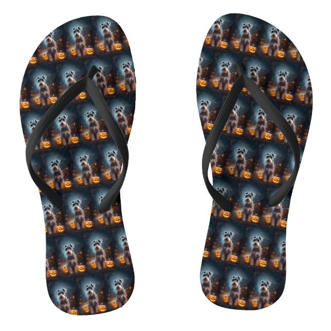 Halloween Schnauzer With Pumpkins Scary Flip Flops (Footbed)