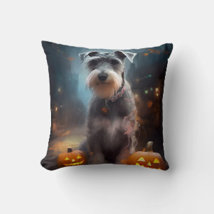 Halloween Schnauzer With Pumpkins Scary Throw Pillow