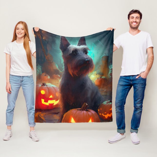 Halloween Scottish Terrier With Pumpkins Scary  Fleece Blanket (In Situ)