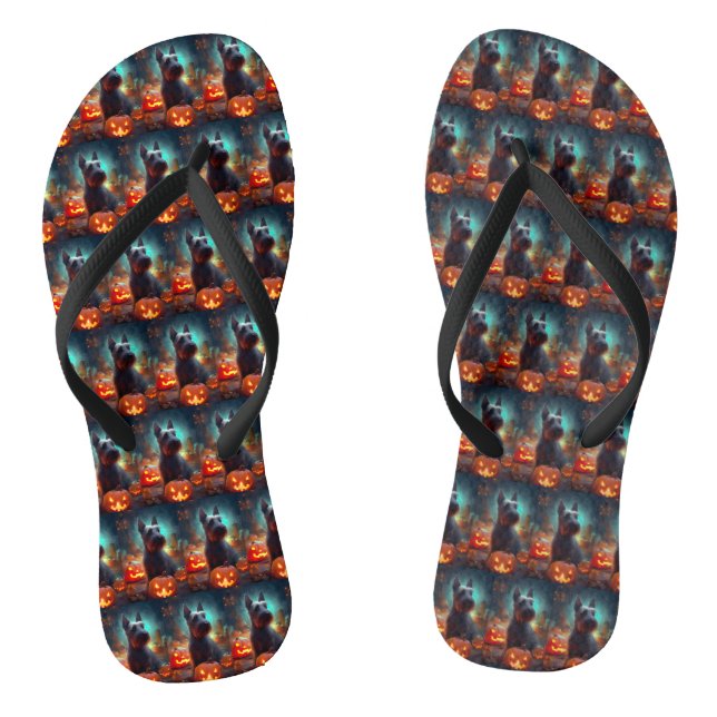 Halloween Scottish Terrier With Pumpkins Scary  Flip Flops (Footbed)