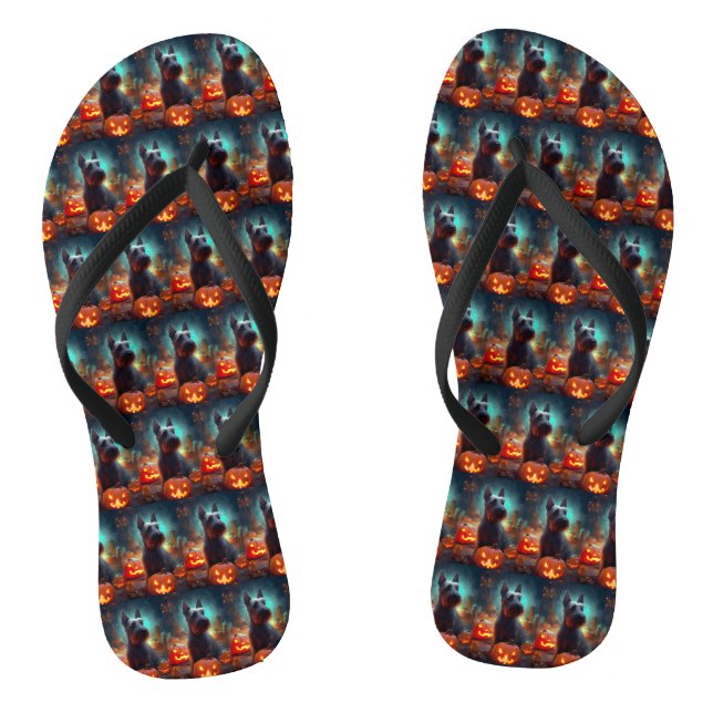 Halloween Scottish Terrier With Pumpkins Scary  Flip Flops (Footbed)