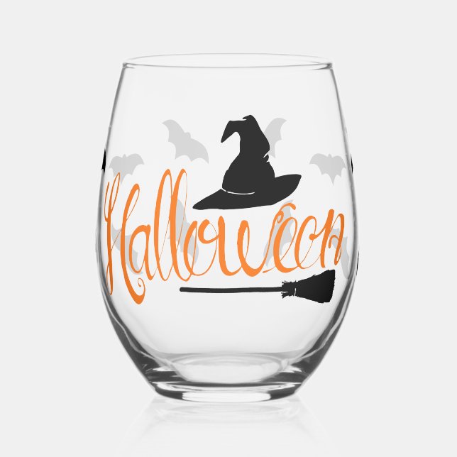 Halloween Script Witch Hat Bats & Broom Stemless Wine Glass (Left)