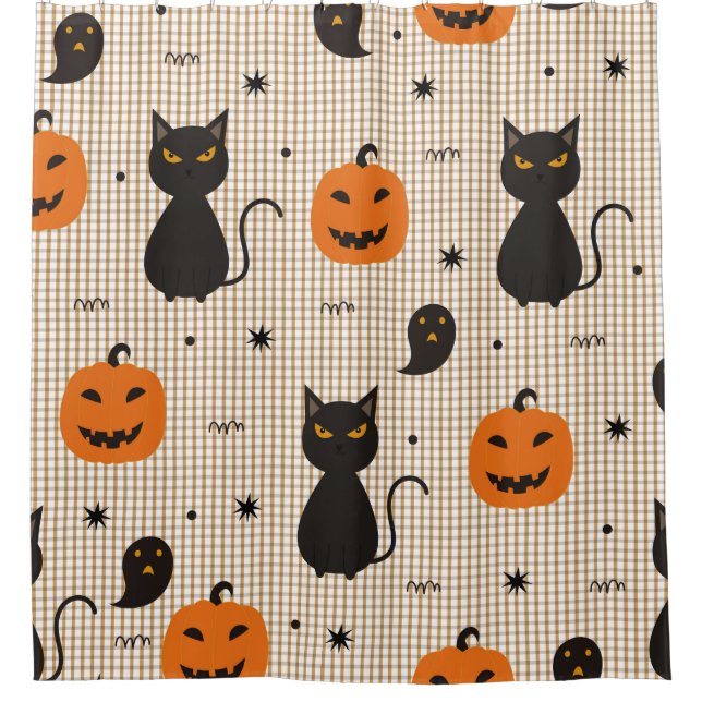 Halloween seamless pattern with black cat and ghos (Front)