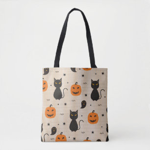 Halloween seamless pattern with black cat and ghos tote bag