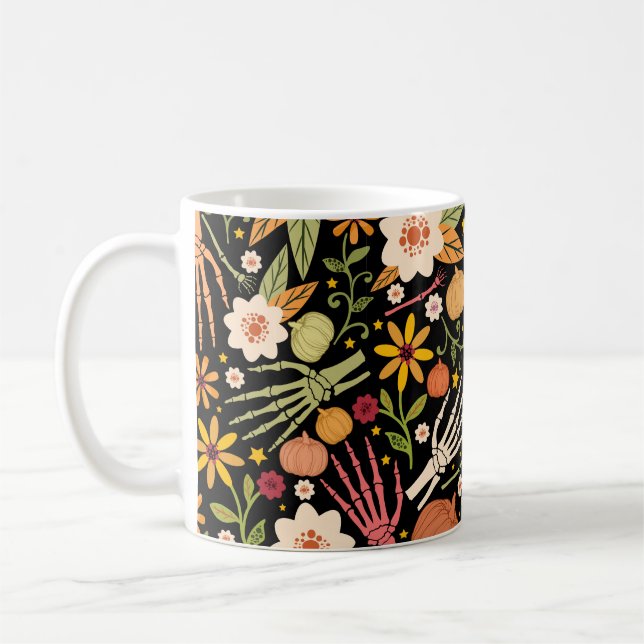 Halloween seamless pattern with bones and floral e coffee mug (Left)
