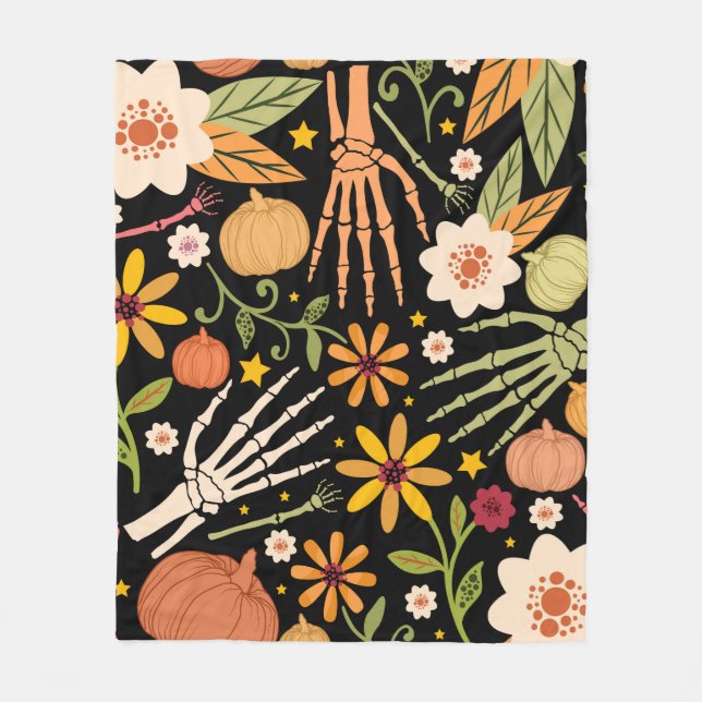 Halloween seamless pattern with bones and floral e fleece blanket (Front)