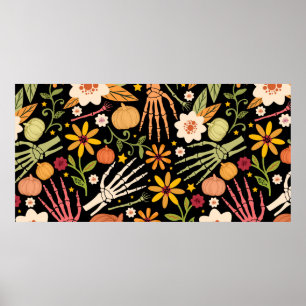 Halloween seamless pattern with bones and floral e poster