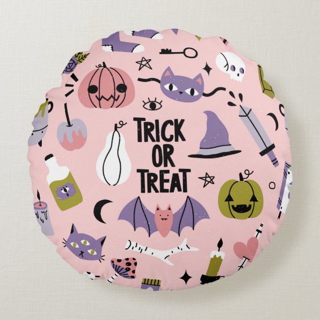 Halloween seamless pattern with different cute car round pillow (Front)