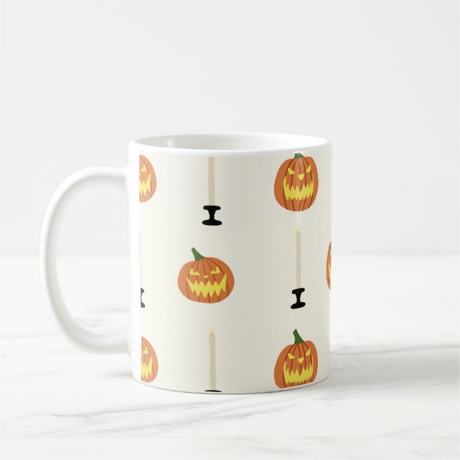 Halloween seamless pattern with pumpkins and candl coffee mug (Left)
