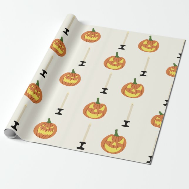 Halloween seamless pattern with pumpkins and candl wrapping paper (Unrolled)