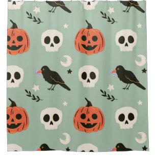 Halloween seamless pattern with ravens, skulls and