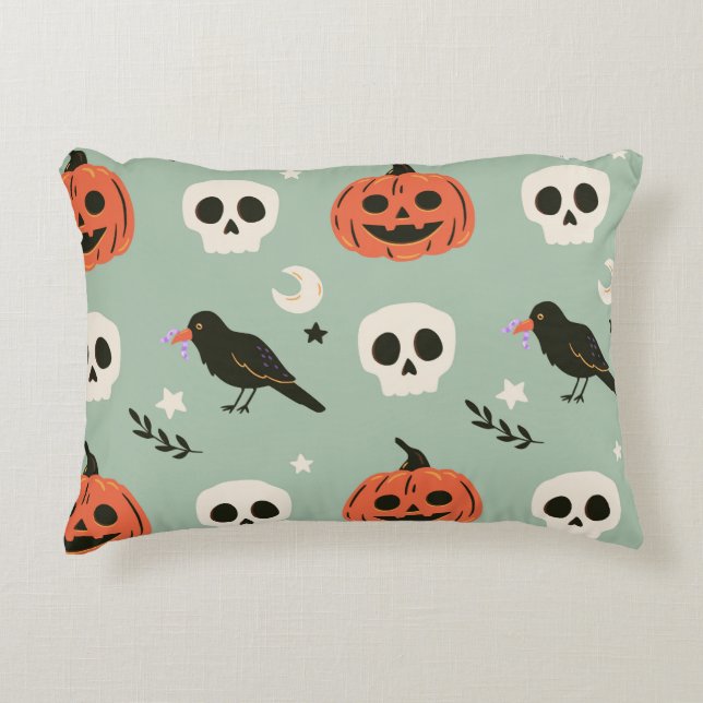 Halloween seamless pattern with ravens, skulls and accent pillow (Front)