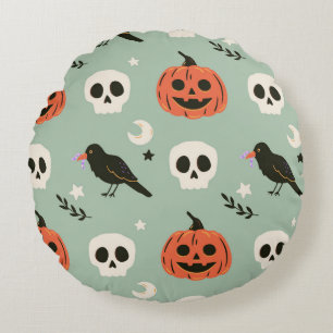 Halloween seamless pattern with ravens, skulls and round pillow