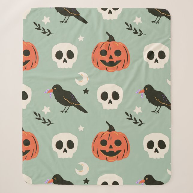 Halloween seamless pattern with ravens, skulls and sherpa blanket (Front)