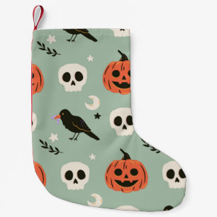 Halloween seamless pattern with ravens, skulls and small christmas stocking