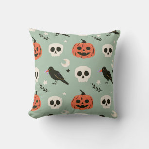 Halloween seamless pattern with ravens, skulls and throw pillow