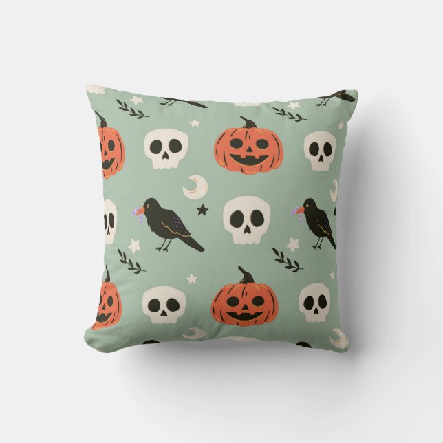 Halloween seamless pattern with ravens, skulls and throw pillow (Front)