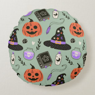 Halloween seamless pattern with witch hat,pumpkin round pillow