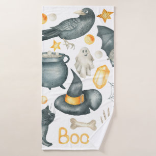 Halloween set: bat, black cat, spider, black crow  bath towel