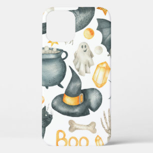 Halloween set: bat, black cat, spider, black crow iPhone 12 case