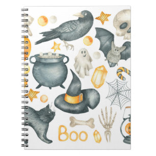 Halloween set: bat, black cat, spider, black crow notebook