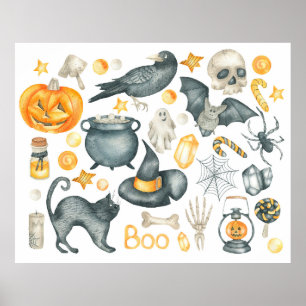 Halloween set: bat, black cat, spider, black crow poster